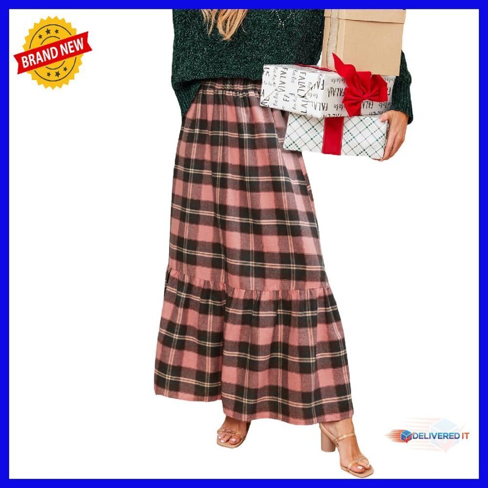 Plaid Ruffled Maxi Skirt High-Rise Waist A-Line Long Skirt